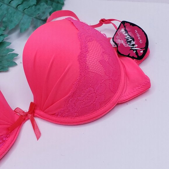 new 36C Bra Neon Pink Orange Lightly Padded Lace Underwire Push Up Bra 36C - Picture 4 of 11